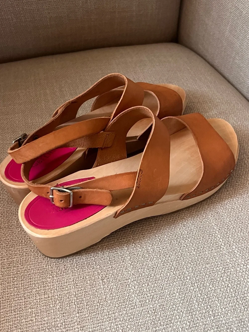 Swedish Hasbeens Cognac Leather Wedge Sandals SIZE 38. Fits like a 7.5